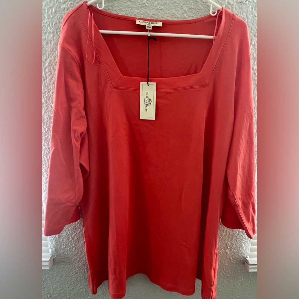 NWT Carroll Reed Womens Top 3X Coral Square Neck Shirt 3/4 Sleeve